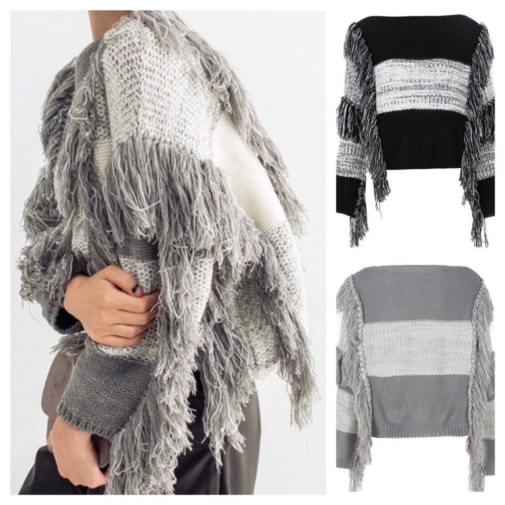 Patchwork Long Fringe Black & Gray Sweater - Picture 2 of 9